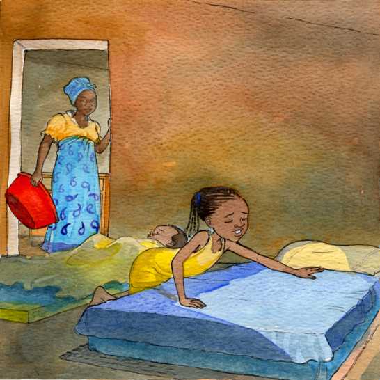 A woman standing in a bedroom doorway holding a bucket and a girl making her bed.