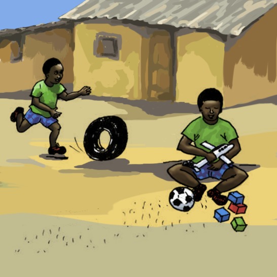 A boy running after a tyre and a boy playing with some toys.