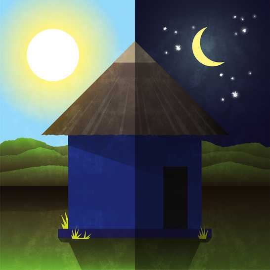 Half a house in daytime with the sun above it and the other half at nighttime with the moon and stars.