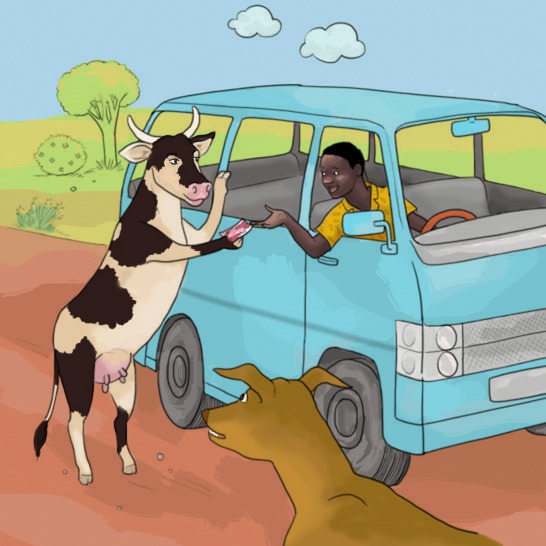 A cow paying a taxi driver.