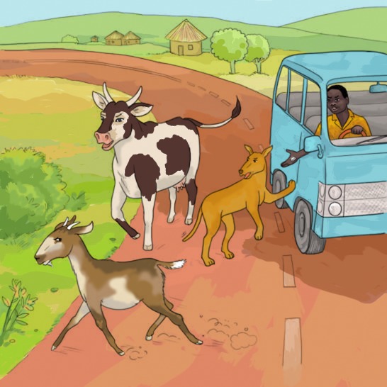 A taxi driver holding his hand out with money and a goat running away. A dog and cow looking at the goat.