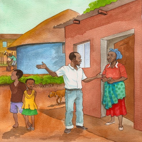 A man standing outside a house with two children talking with a woman.