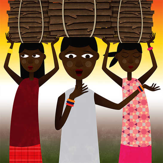 Three girls carrying wood on their heads and one girl putting her hand to her neck.