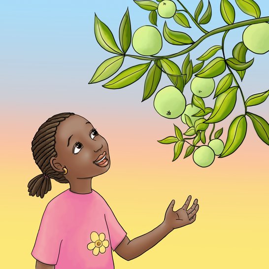 A girl talking to an orange tree.