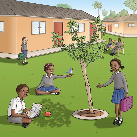 A girl next to a tree in a school playground.