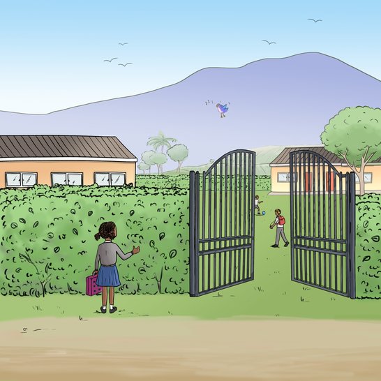 A girl talking to a hedge outside a school.