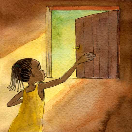 A girl opening a wooden window.