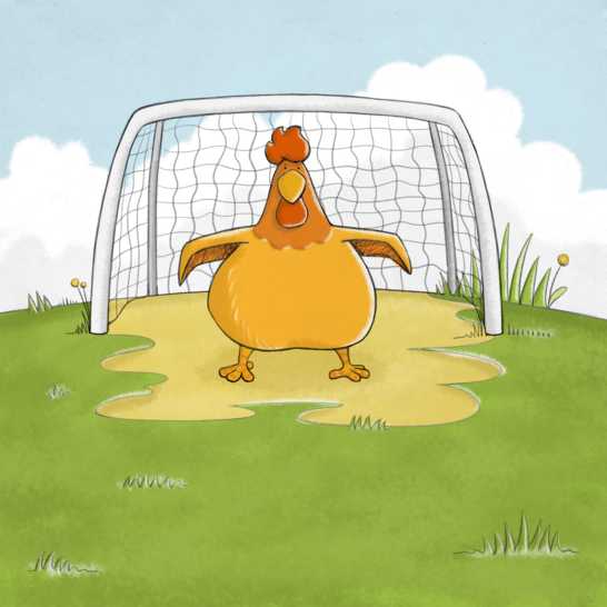A chicken standing in front of a football net.