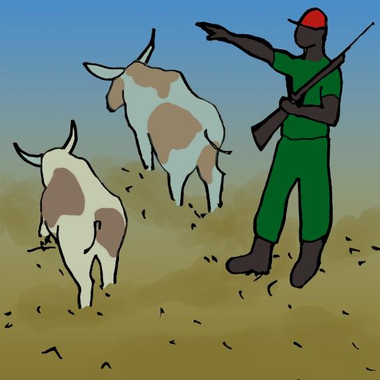 A soldier pointing and two cows walking away.