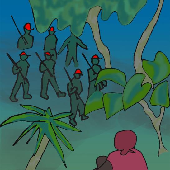 A woman and a boy hiding in a forest and soldiers walking around.