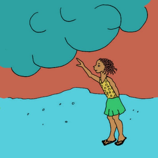 A woman standing under a large cloud.
