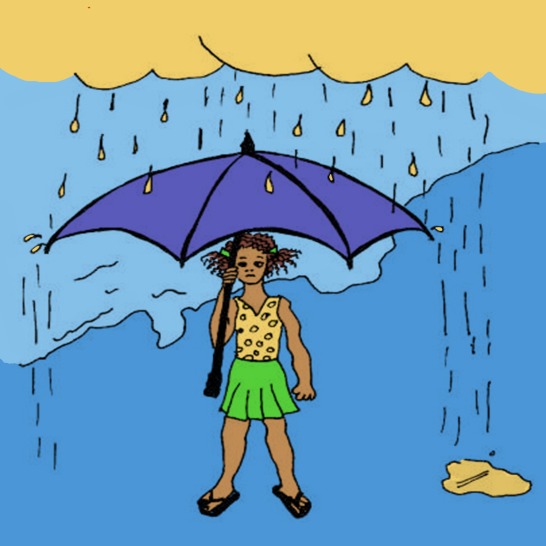 A woman standing in the rain under an umbrella.