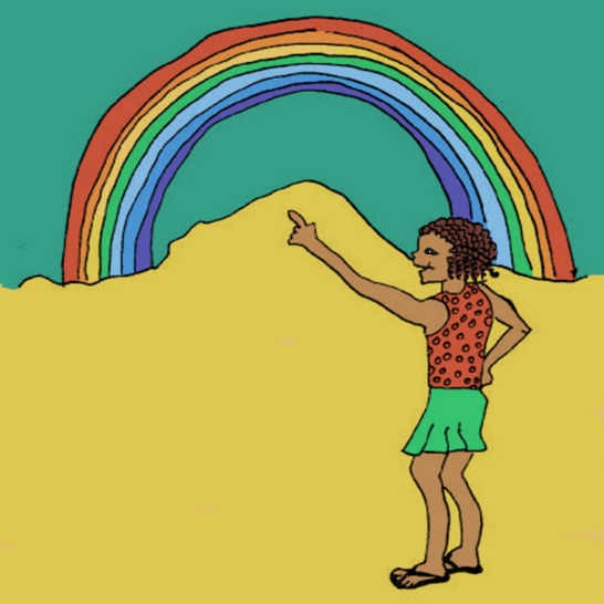 A woman pointing to a rainbow.