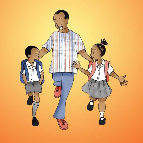 A man walking between a boy and girl all smiling.