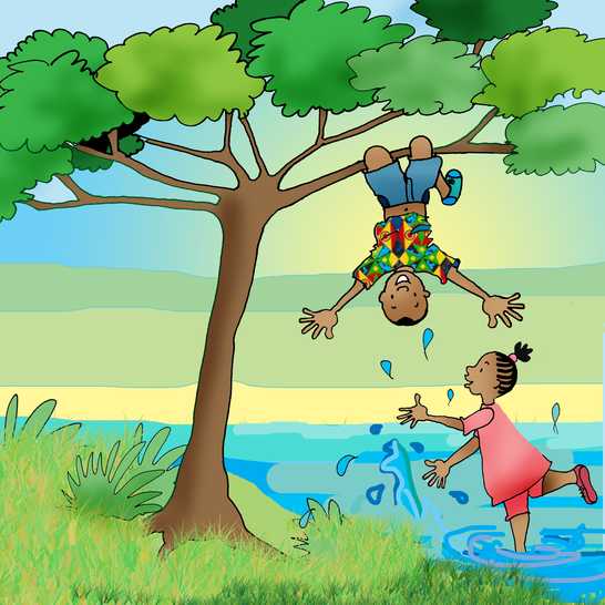 A boy hanging upside down from a tree and a girl splashing in a lake.