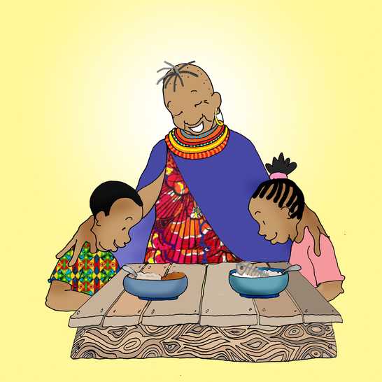 A woman with her arms around a boy and girl sitting at a table eating dinner.