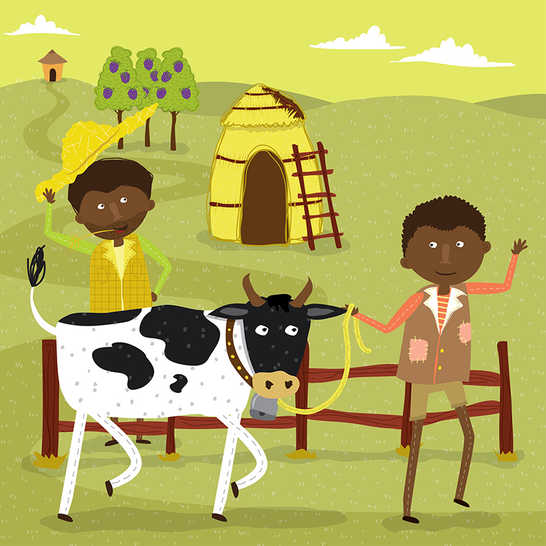 A farmer giving a boy a cow.