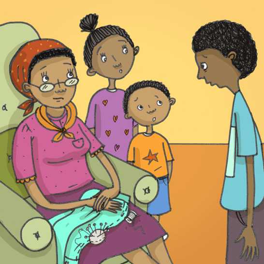 A woman, boy and girl talking to a boy standing in front of them.